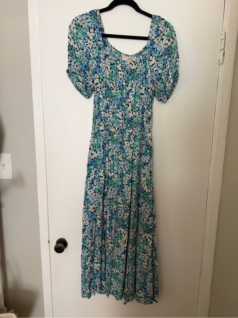 LOFT Blue & Green Floral Midi Dress with Puff Sleeves